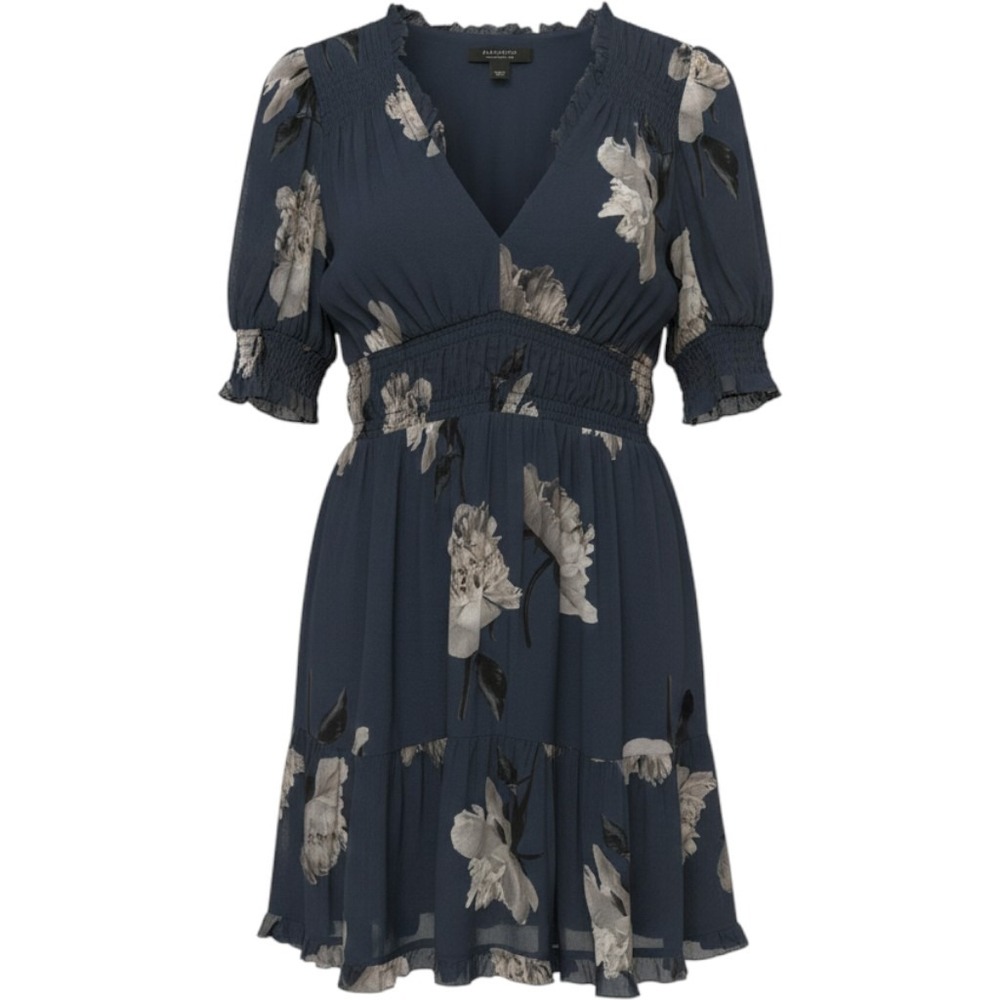 AllSaints Floral Mini Dress Sz 6 V-Neck Smocked Waist Ruffle Boho Dark Floral
